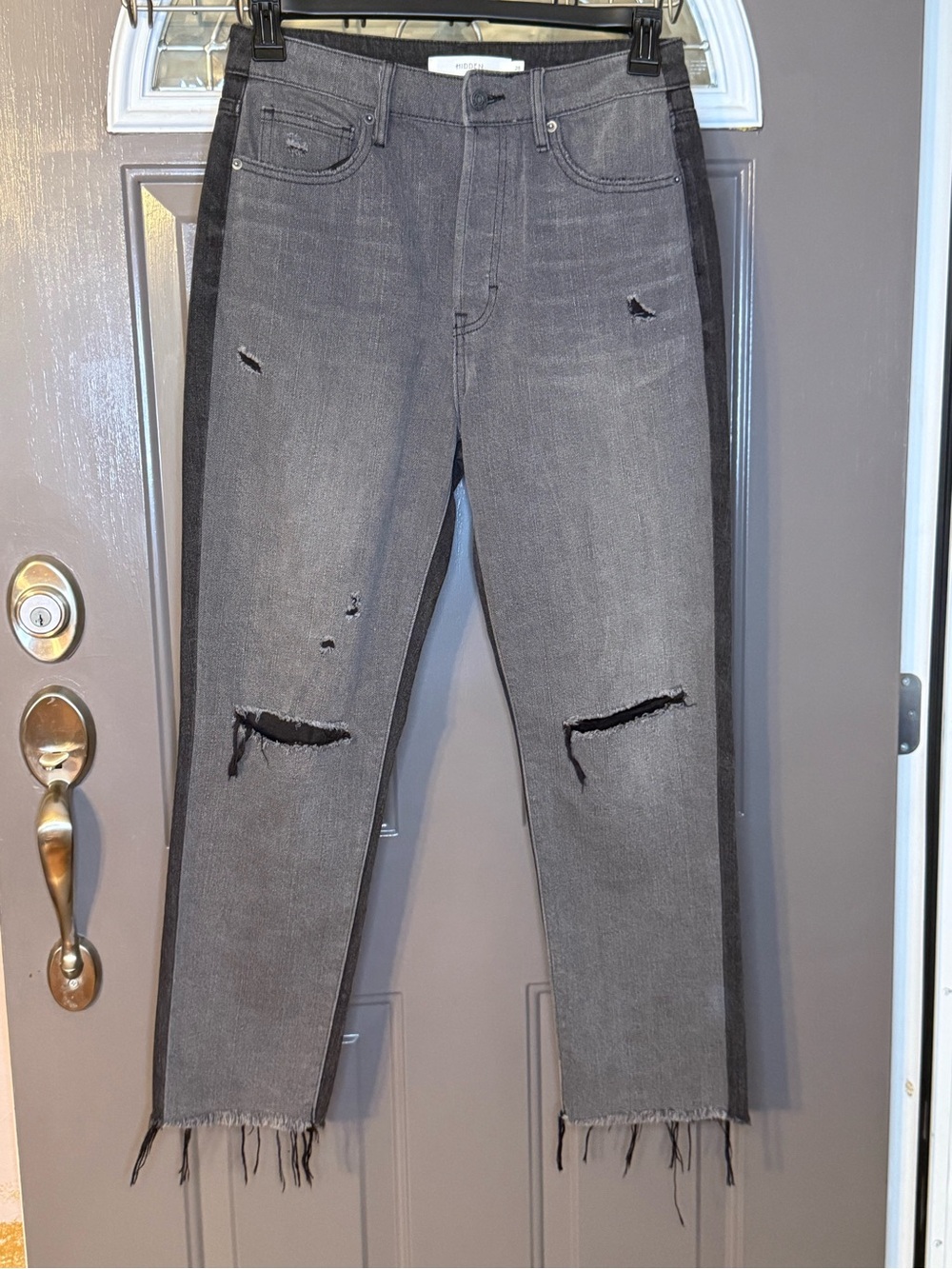Women's Gray Distressed Flare Jeans with Black Side Panel